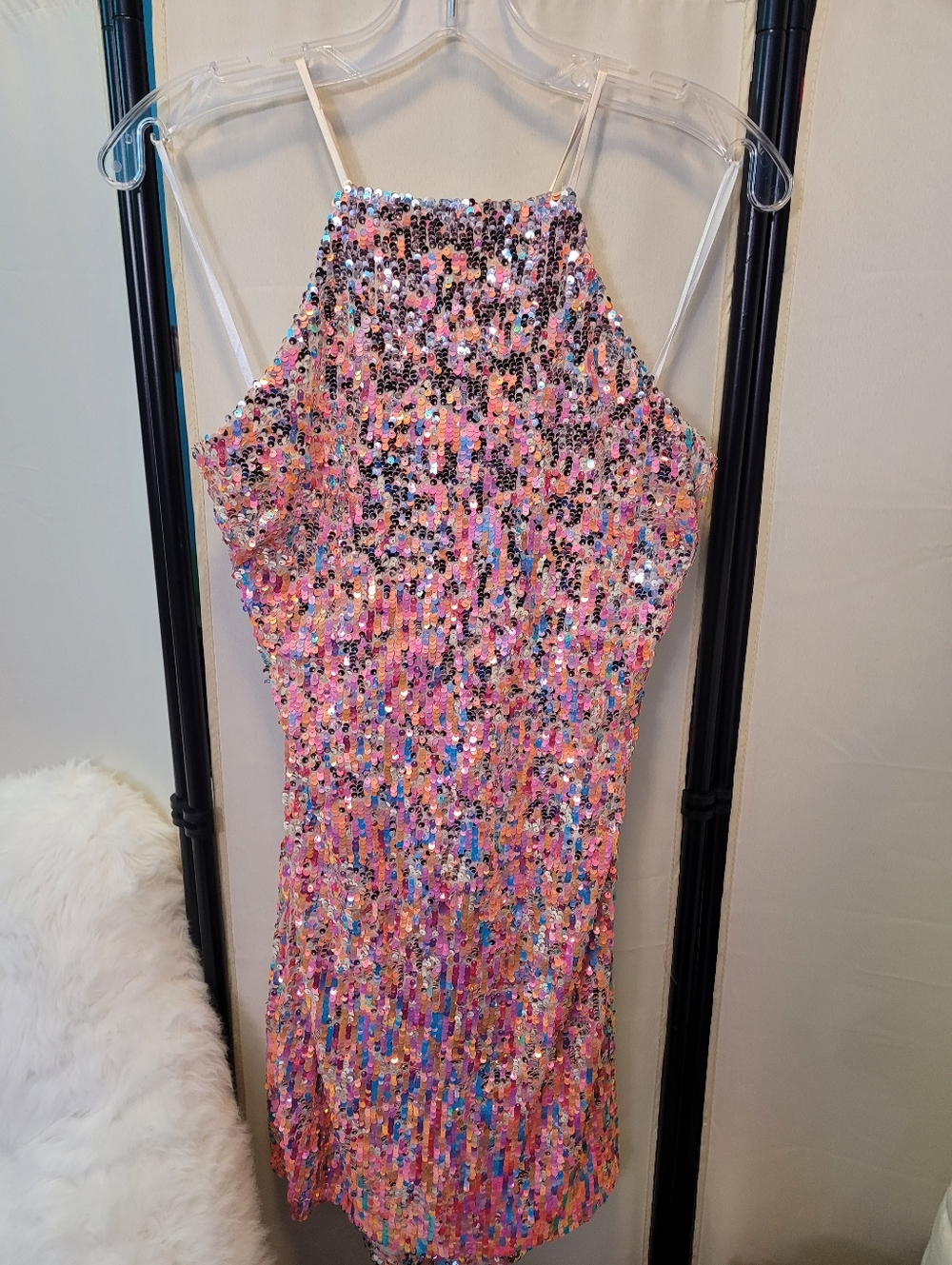 B. Darlin Iridescent Multicolor Sequin Halter Dress
